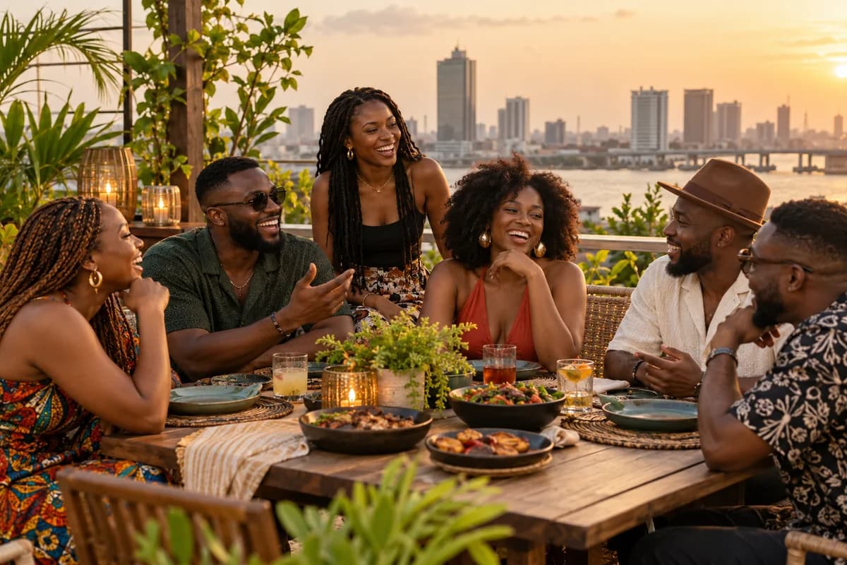 Friends connecting on a Lagos rooftop at sunset